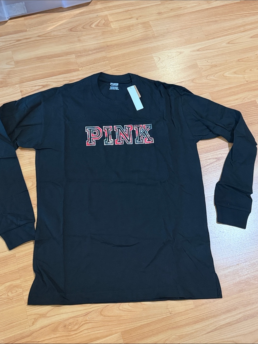 PINK Victoria's Secret Black Long-Sleeve Logo Shirt with Red Outline